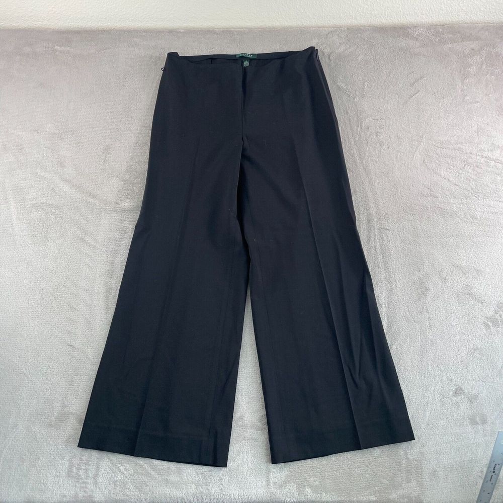 Ralph Lauren LRL Wide Leg Pants Women 12 Black Wool Pull‎ On Side Zip Designer